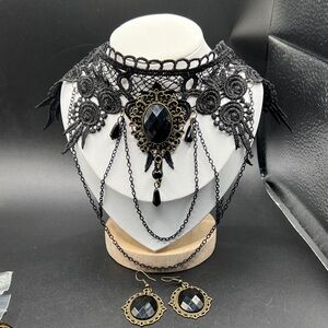 Elegant Black Lace Choker Necklace and Earring Set